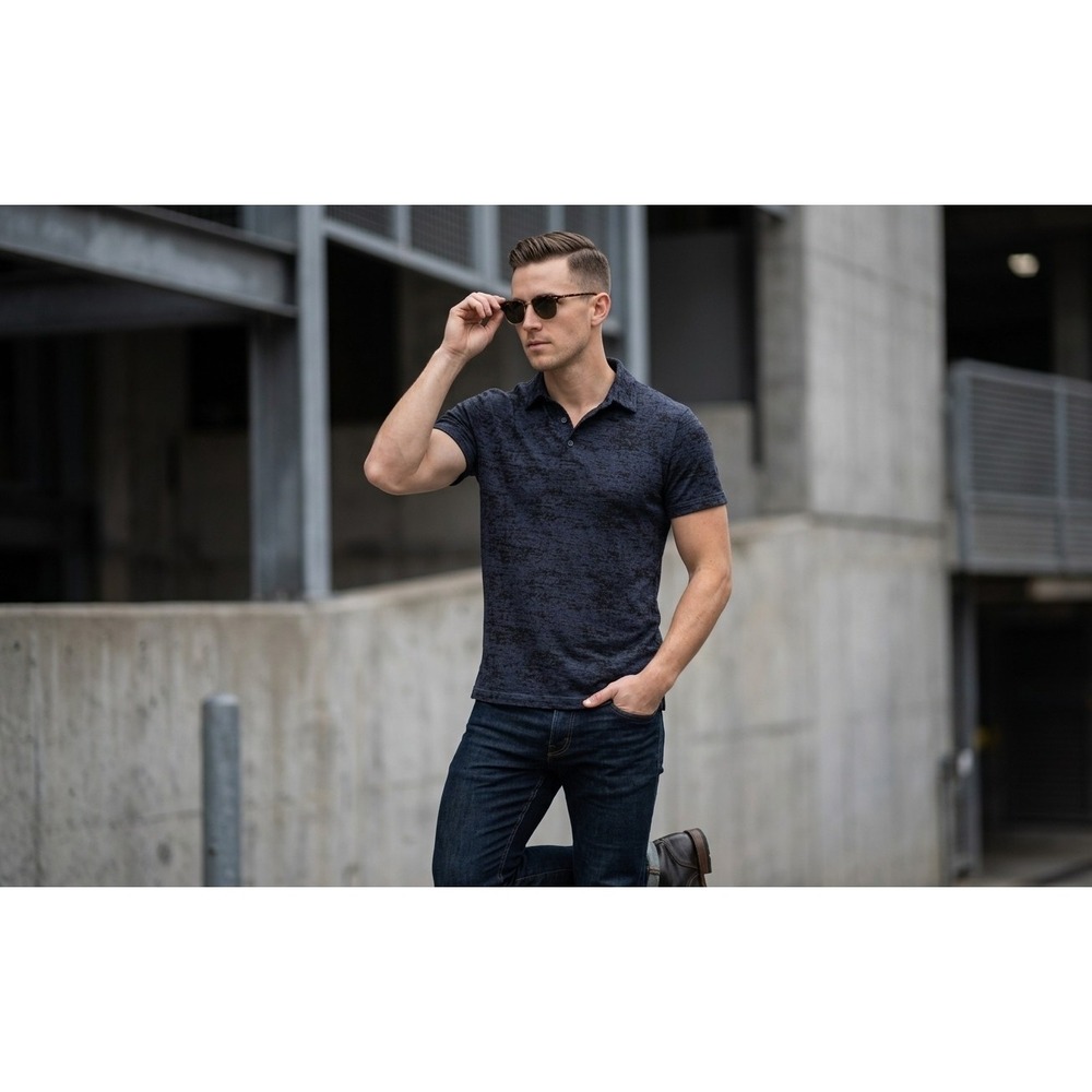 John Varvatos Star USA Navy Blue Burnout Slub Polo Shirt Peace Sign Mens Small S